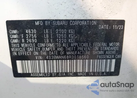 2024 Subaru Legacy Limited from USA, damaged, VIN 4S3BWAN68R3018560